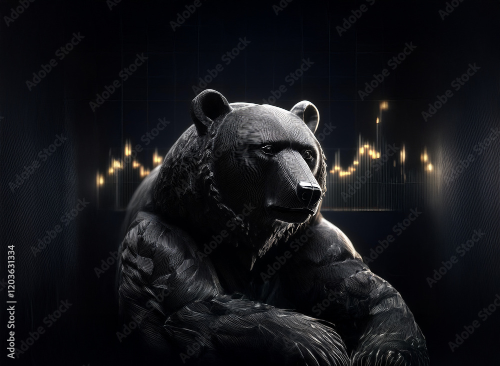 Poster a brooding black bear statue sits in the darkness, illuminated subtly, with a candlestick chart glow