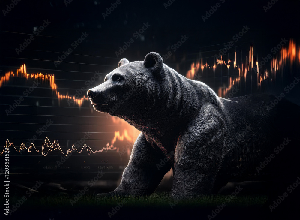 Aufkleber a powerful bear statue stands against a backdrop of a fiery orange stock market graph depicting a do