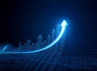 Naklejka premium Glowing blue arrows ascend in a dynamic upward curve, symbolizing growth and progress on a dark, technological background. The image evokes concepts of innovation and future success.