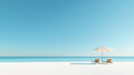 A photograph of two wooden sun loungers under an umbrella on the beach, with a beautiful blue sea and sky in the background. A tropical tree is visible to one side