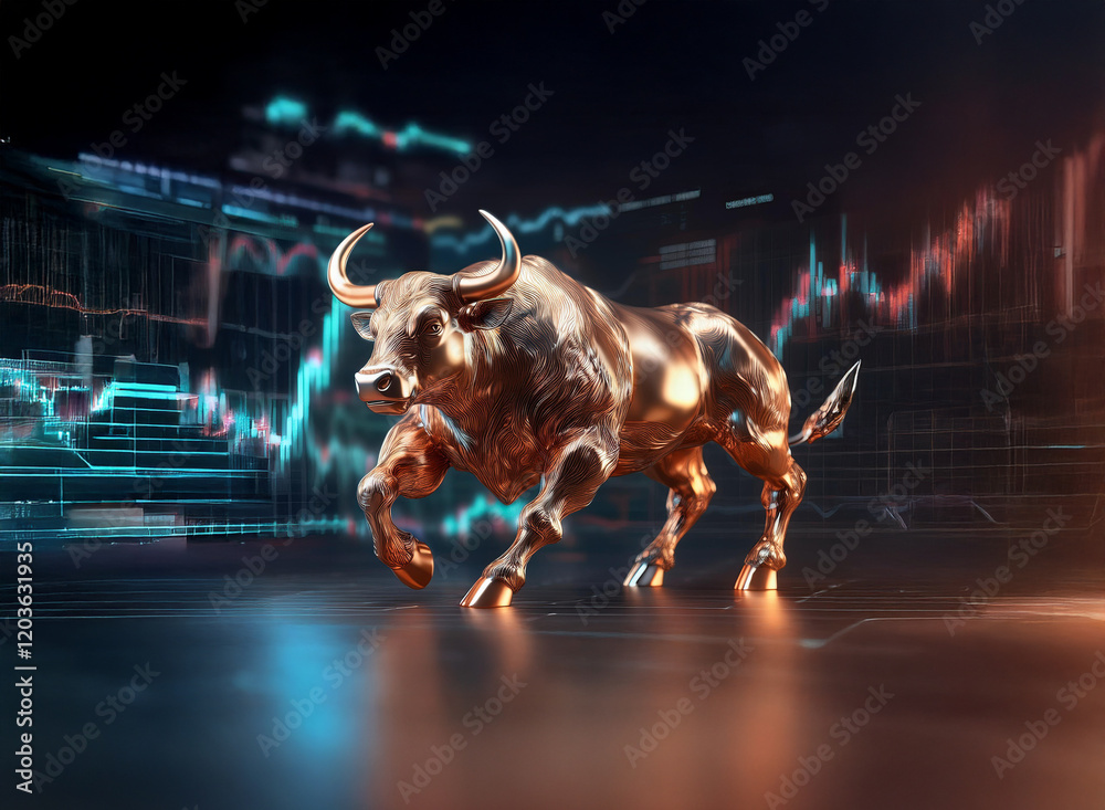Poster a bronze bull charges forward against a backdrop of dynamic stock market charts, symbolizing financi