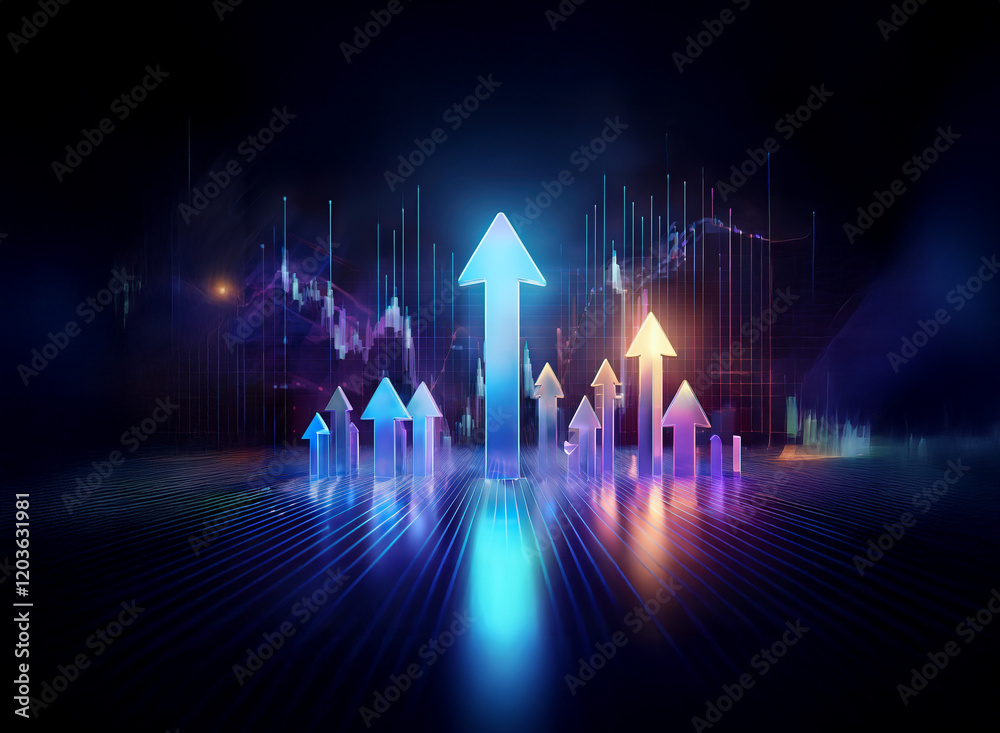Aufkleber glowing arrows ascend against a backdrop of dynamic financial charts, symbolizing growth and upward 