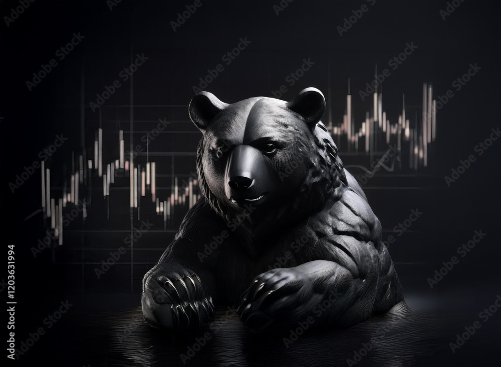 Poster a powerful black bear statue rests on a reflective surface, a candlestick chart hinting at market do