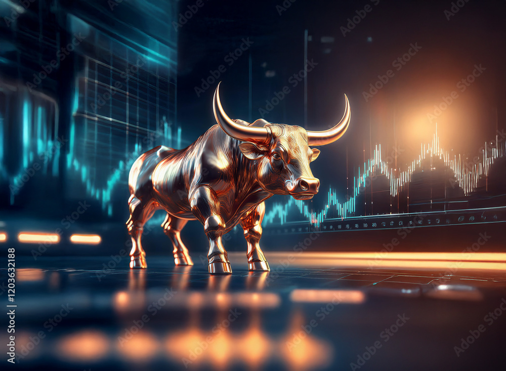 Poster a golden bull statue stands majestically against a backdrop of dynamic stock market charts, symboliz