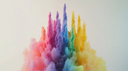 Vibrant color powder explosion on a white background, colorful paint splashes, rainbow-colored powder in the air, rainbow dust clouds