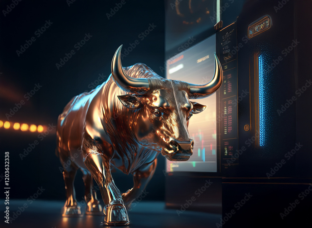 Poster a golden bull, symbol of financial prosperity, strides confidently towards illuminated stock market 