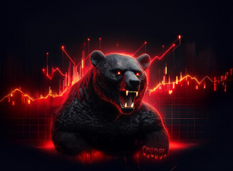 A snarling black bear dominates the foreground, bathed in ominous red light, set against a backdrop of falling stock market charts.  The image symbolizes financial downturn and market bearishness.
