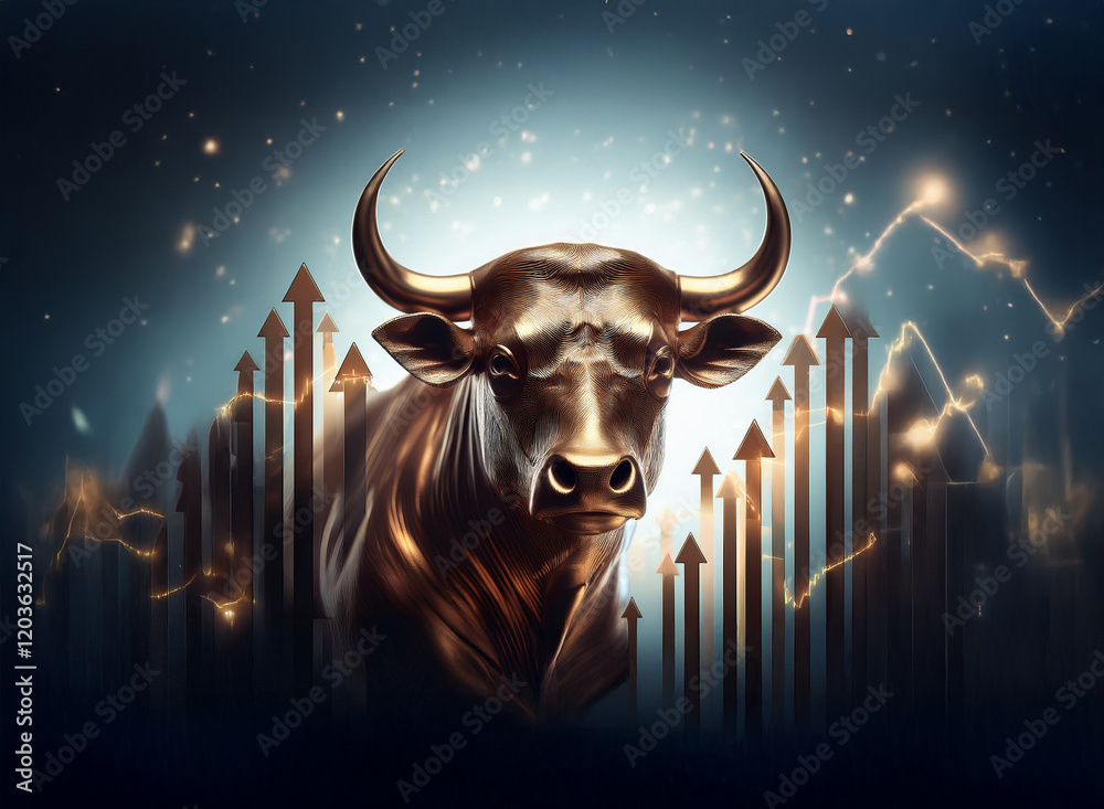 Aufkleber A bronze bull statue stands majestically, set against a backdrop of glowing upward-pointing arrows, symbolizing financial growth and prosperity.  Sparkling particles add to the image's dynamic energy.