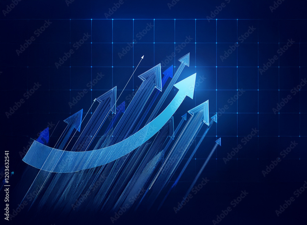 Aufkleber Dynamic blue arrows ascend on a dark grid background, symbolizing growth and progress.  A curved arrow highlights upward trajectory.