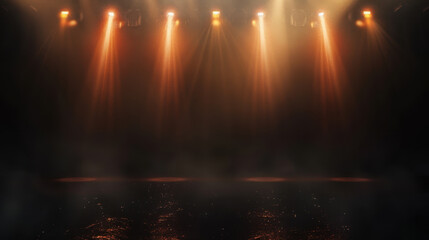 Naklejka premium dramatic stage with warm spotlight beams illuminating dark background, creating inviting atmosphere for performances