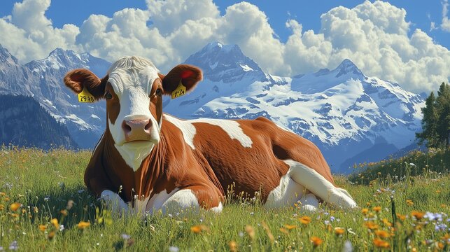 Cows on the alpine pastures of Switzerland, with snow-capped mountains in the background. A brown and white cow is lying down in the grass near the Swiss mountain range with the Swiss Alps landscape - Powered by Adobe