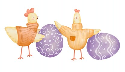 Hand drawing Easter chicken and eggs decor for Holiday Season. Funny easter card graphic design. Easter drawing digital prints. Cute easter religion culture illustration isolated