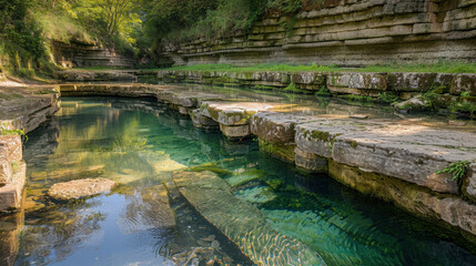 serene natural landscape featuring clear water flowing through rocky formations, surrounded by lush greenery and trees. tranquil scene invites relaxation and reflection
