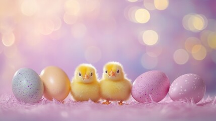 Charming yellow chicks nestled beside colorful pastel eggs in a whimsical setting