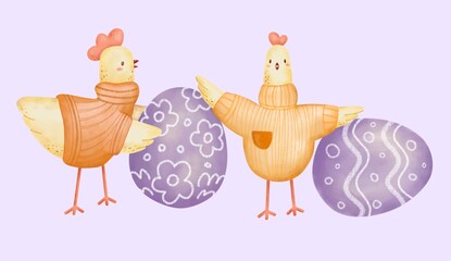 Hand drawing Easter chicken and eggs decor for Holiday Season. Funny easter background. Easter drawing digital prints. Cute easter religion culture illustratio