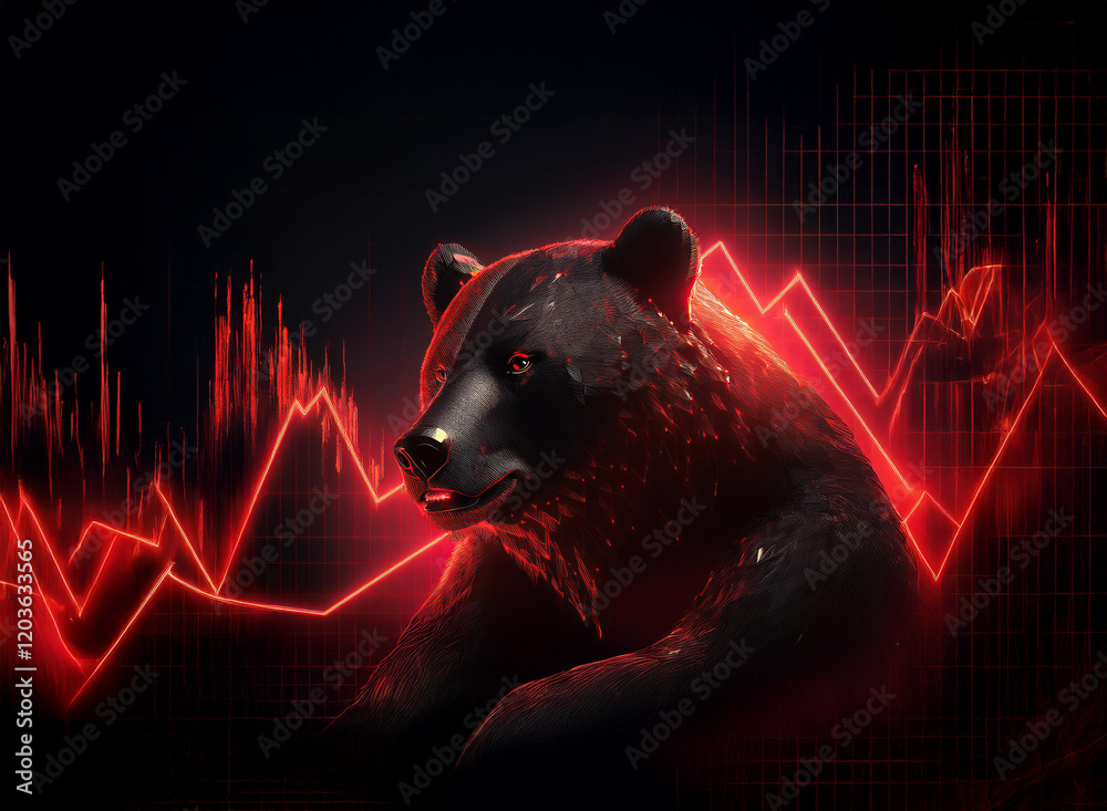 Aufkleber A digital rendering of a black bear, illuminated by red, downward-trending stock market graph lines.  Symbolizing financial decline and bearish market.
