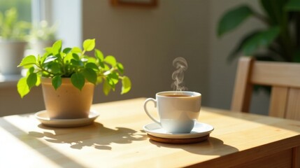 Obraz premium A steaming cup of tea sits on a sunlit wooden table next to a vibrant potted plant, creating a tranquil and inviting morning atmosphere.