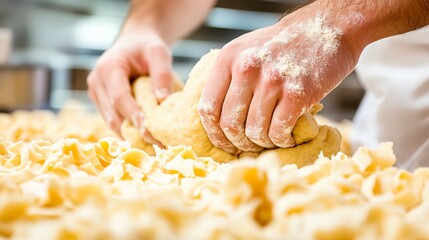 Chef Hands Kneading Fresh Pasta Dough, Homemade Italian Food Preparation