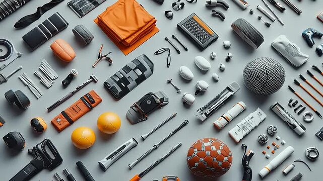 Collection of various sporting goods and equipment displayed in a flat lay composition, showcasing a variety of textures and colors.