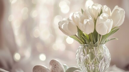 Elegant crystal vase adorned with white tulips and decorative eggs on a serene morning