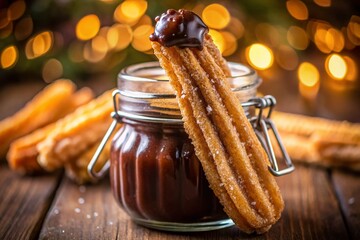 Delicious Churros in Glass Jar with Chocolate Sauce - Sweet Spanish Treat Stock Photo