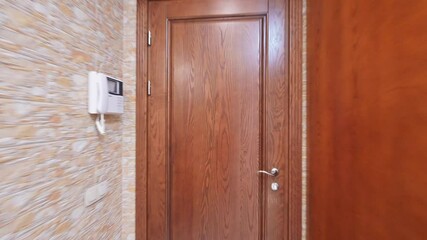 Elegant hallway with a mirrored wardrobe and wooden doors. Warm lighting and stylish decor create a welcoming space