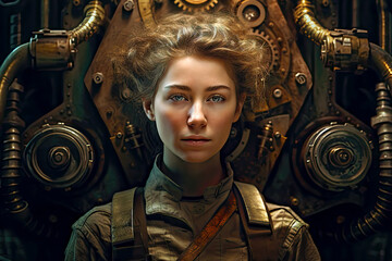 Woman as a Mechanic in a Steampunk World. Generative AI, non-existent person.	
