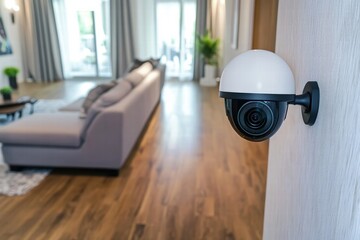 Smart CCTV camera positioned in a modern apartment living room for home security