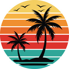 Minimalist Tropical Sunset Scene with Palm Trees and Birds - Retro Vector Art