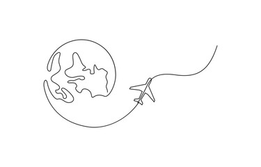 One line drawing of an airplane circling the Earth symbolizing global travel in a simple style, Line drawing of globe with airplane. Airline travel and flights.