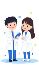 Fototapeta premium Cartoon illustration of a doctor consulting with a patient in a medical office setting