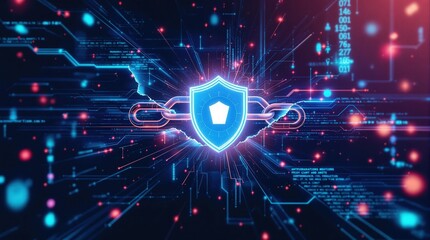 Cyber security concept. Digital shield protected by strong chains. Data protection and privacy. Futuristic technology background