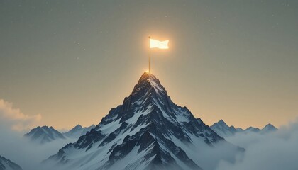 Triumphant flag atop a snow-capped peak, bathed in the soft glow of twilight. A scene of achievement and serenity.