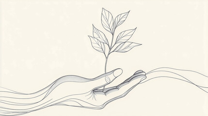 Minimalistic continuous line drawing of a hand holding a plant