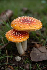 Orange mushrooms with white spots surrounded by grass and natural forest elements.