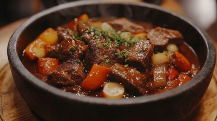 Fototapeta premium A Captivating Close-Up of Beef Bourguignon in a Bowl, Showcasing Rich Sauce and Tender Beef with Colorful Vegetables