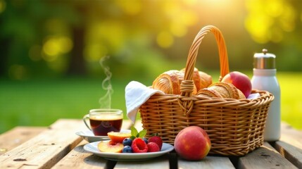 A delightful summer breakfast outdoors featuring freshly baked pastries, juicy fruit, and a warm beverage in a picturesque setting