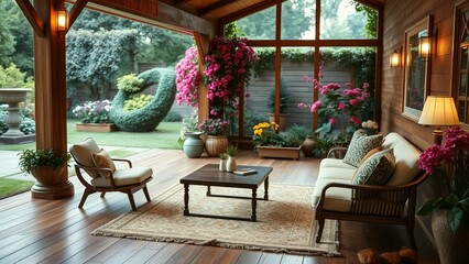 Fototapeta premium A villa floor is wooden texture a cozy space integrated with the garden beautiful flowers seating arrangements 