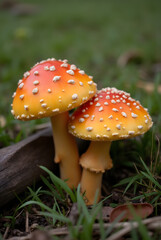 Orange mushrooms with white spots surrounded by grass and natural forest elements.