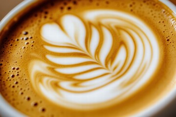 Close-up of milky coffee with beautiful leaf pattern showcasing barista artistry
