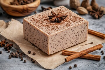 Natural handmade soap with star anise and cinnamon, crafted from organic ingredients on rustic table with spices, perfect for wellness and beauty themes