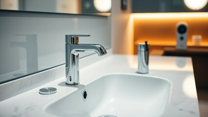 A sleek modern bathroom interior featuring a touchless faucet