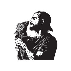 black and white illustration of man kissing iguana