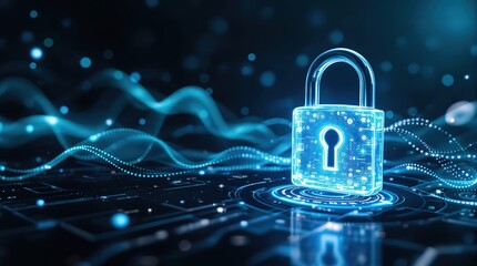 Cybersecurity concept: glowing digital padlock on abstract tech background. Perfect for websites, presentations, and articles on data security, privacy, and protection