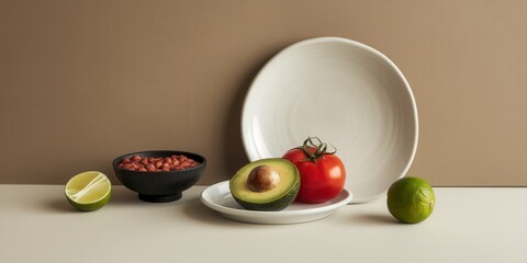 Still life featuring avocado tomato lime and beans