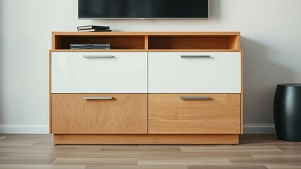 A sleek and modern piece of furniture crafted from rich warm oak wood and crisp white melamine featu