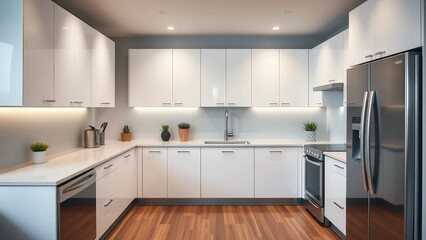 A sleek and modern kitchen with high-gloss white cabinets quartz countertops and stainless steel fridge