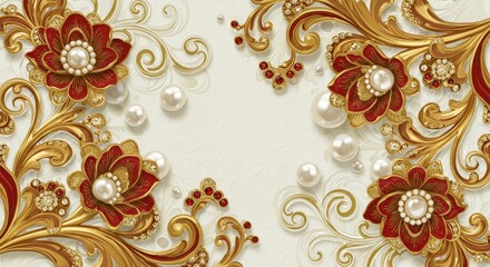 An opulent 3D illustration of floral artwork with rich gold and red tones, featuring large, detailed blossoms surrounded by pearls