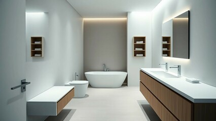 A serene minimalist bathroom interior featuring cleverly integrated hidden storage solutions includi