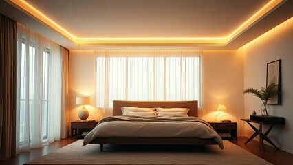 A serene bedroom design bathed in soft warm and comforting mood lighting featuring a minimalist appr